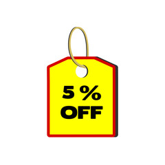 5% off yellow tag with red border, beige cord and white background