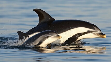 Fototapeta premium Playful dolphin calf leaping alongside mother in ocean adventure