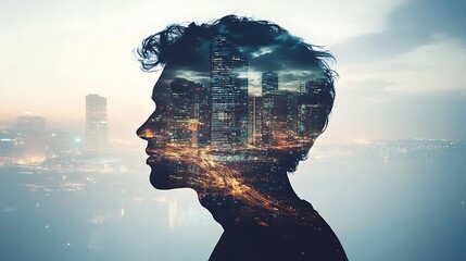 Urban Dreamscape: A Silhouette of a Man with a City Inside