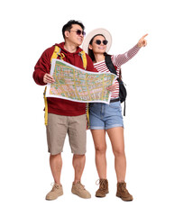 Happy travellers with map pointing at something on white background