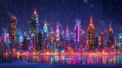 Fototapeta premium Vibrant, colorful cityscape at night, illuminated by festive lights, reflecting on a frozen river, with snow and sparks.