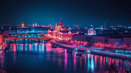 Obraz premium Panoramic view of Budapest at night, illuminated with vibrant neon colors, showcasing the Parliament building and the Danube River.
