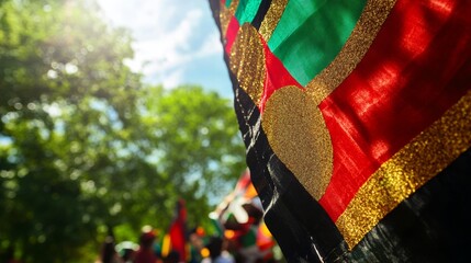 Juneteenth celebration banner, featuring bold red, black, and green colors with golden accents