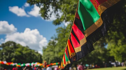 Juneteenth celebration banner, featuring bold red, black, and green colors with golden accents
