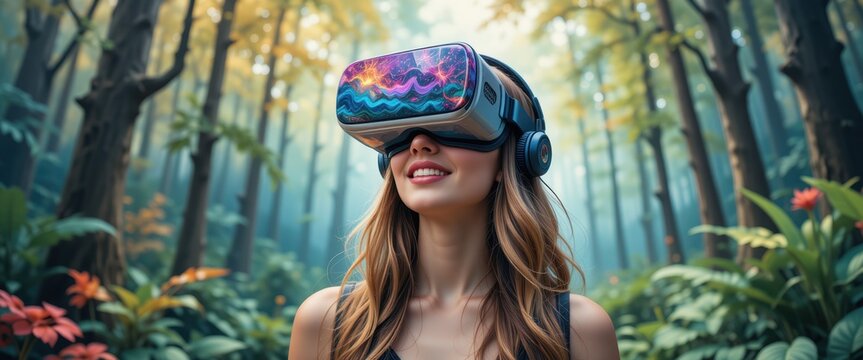 Woman in VR headset with a lush forest setting, creating a sense of digital immersion in nature and futuristic technology, ideal for tech or gaming themed projects.