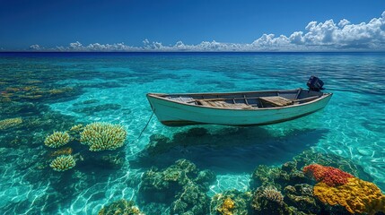 Small boat floats above vibrant coral reef.