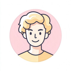 Young Man with Curly Hair and Friendly Smile, Minimalist Illustration on Soft Pink Background for Creative Projects and Digital Use