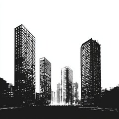 Naklejka premium Urban skyline silhouettes of multi-story buildings in monochrome art composition