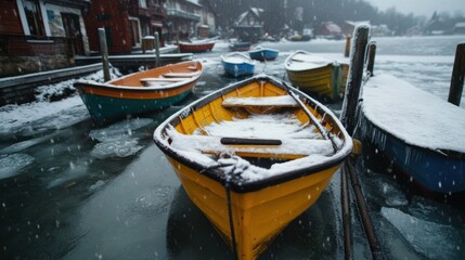 Obraz premium Vibrant winter scene of colorful boats in snow-covered fishing village