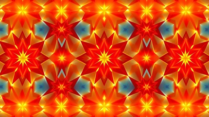 Fiery Starburst Kaleidoscope: An intense and vibrant kaleidoscope pattern featuring fiery orange and red starburst shapes, creating a mesmerizing and hypnotic visual effect. Perfect for backgrounds.