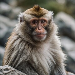 A monkey with expressive eyes and delicate fur, sitting on a rock, with a soft white background.