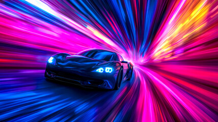 Modern sports car driving at high speed with motion blur and vibrant colors