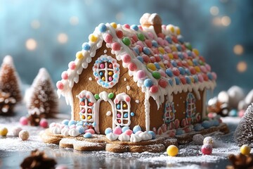 Naklejka premium whimsical gingerbread house adorned with colorful icing and candy decorations, creating a delightful christmas cookie clipart that evokes feelings of holiday cheer and festive spirit