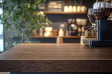 Empty dark wood counter in a coffee shop with blurred background.