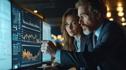 Professionals in formal attire concentrate on reviewing detailed financial graphs on a dual monitor setup, reflecting a comprehensive and meticulous analysis process.
