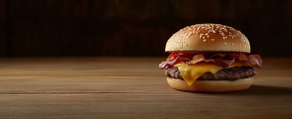Juicy bacon cheeseburger on wooden table.