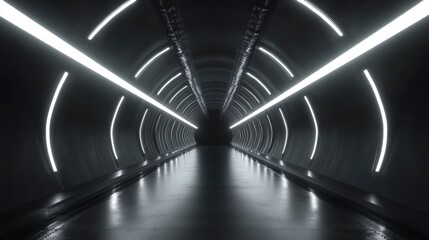 Naklejka premium Neon light in tunnels, rays and lines. Perspective of light in motion. Dark abstract neon background, empty stage. 