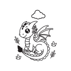 Black And White Coloring Page With Bold Lines, Cute Animal Dragon