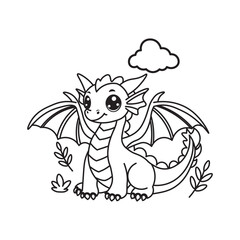 Black And White Coloring Page With Bold Lines, Cute Animal Dragon