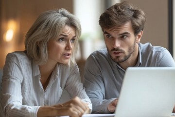 Two busy colleagues working together talking using laptop in office. Middle aged Latin female manager teaching young male worker looking at computer discussing business plan at office, Generative AI