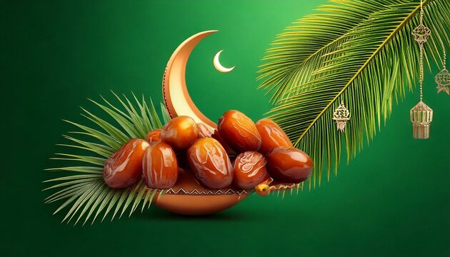date palm fruit with date palm stalk and leaves with crescent moon ornament and small mosque 
