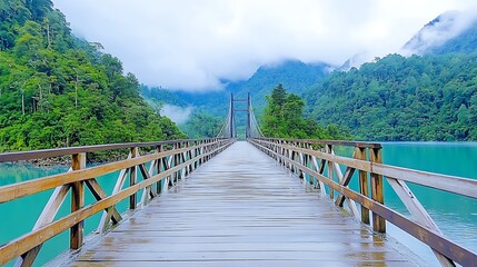 Obraz premium Wooden Suspension Bridge Over Turquoise Lake in Misty Mountains