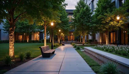 Obraz premium Cozy Urban Courtyard with Modern Bench and Evening Streetlight Glow