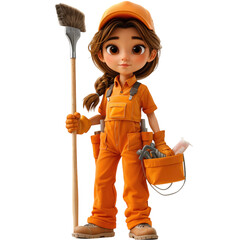 A cute 3D render girl in orange overalls showcasing cleaning tools