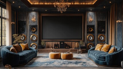 Luxury home theater, plush sofas, large screen.