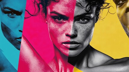 Obraz premium Bold Portrait of a Woman with Artistic Color Splashes and Striking Expression