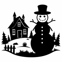 Christmas Cottage Farm SNOWMAN Black silhouette