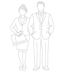 Business Men and Women in Black Outline Vector Design. Men and Women Standing in Business Attire Black and White Vector. 