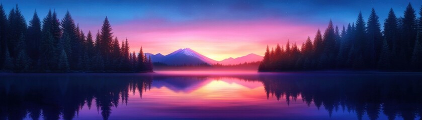 Naklejka premium Serene sunset reflection over tranquil lake majestic mountains digital art nature wide angle peaceful escape