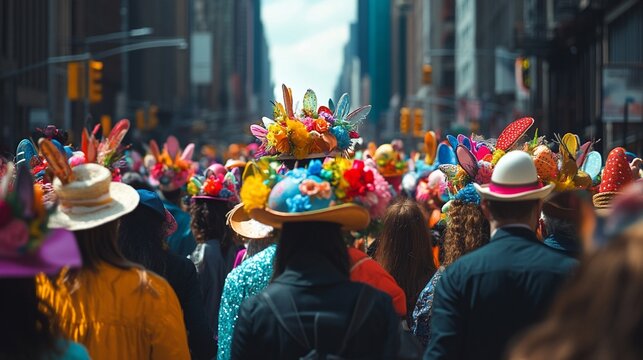 Easter parade in New York City with elaborate hats.