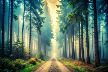 Naklejka premium serene misty forest path surrounded by tall trees and soft light