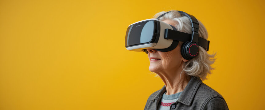 Older woman wearing VR headset with a focused expression, showcasing the accessibility of digital experiences, ideal for tech or lifestyle themed concepts.