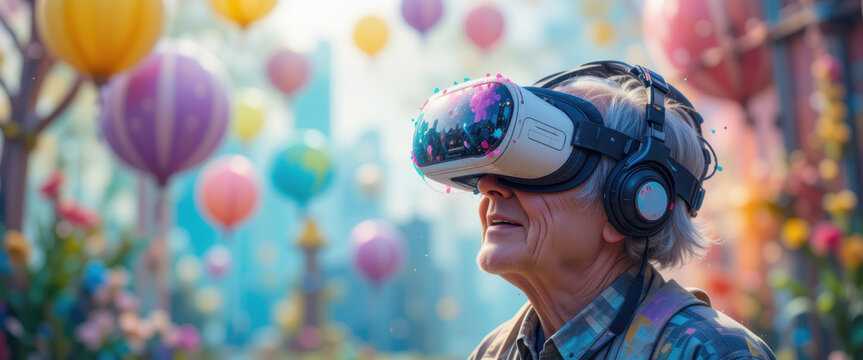 Senior couple wearing VR headsets with a colorful and whimsical background, highlighting shared digital experiences and exploration, great for tech or lifestyle projects.