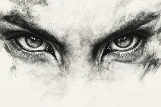 The haughty eyes of a lion in portrait form as a pencil drawing
