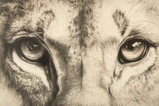 The haughty eyes of a lion in portrait form as a pencil drawing