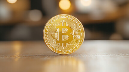 BTCUSD, A physical Bitcoin coin placed on a table, showcasing cryptocurrency in a modern setting, ideal for financial and tech-related imagery.