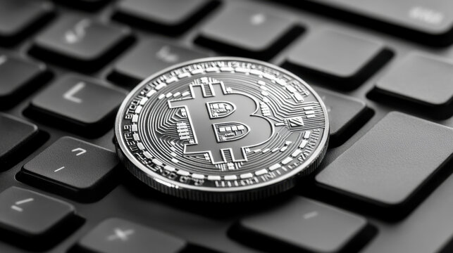BTCUSD, A physical Bitcoin coin is placed on a keyboard, showcasing the intersection of digital currency and technology in a creative image.