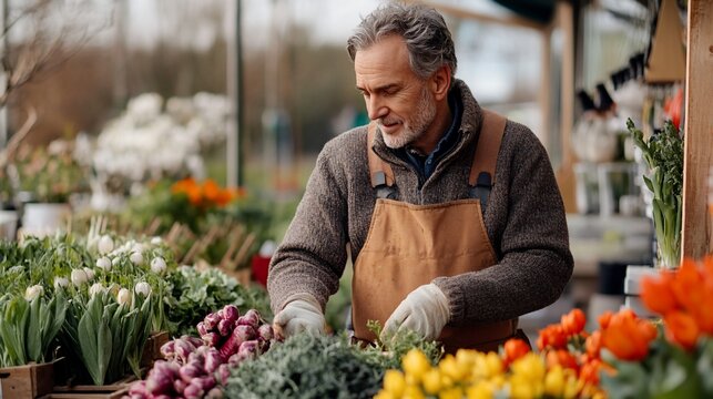 Mature man working at a flower market, arranging produce and flowers.