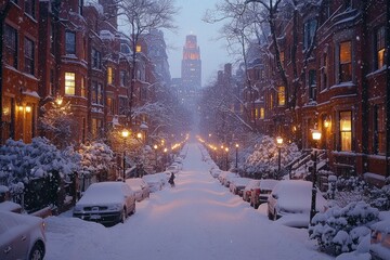 Serene Snow-Covered Street in a Historic District with Glowing Lights Amidst a Heavy Snowfall and Majestic Architecture in the Background at Twilight