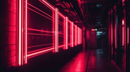 Red neon laser lights glowing vibrantly against a sleek black background, creating a striking visual contrast. 