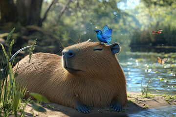 The Serene Capybara and Its Bird Companion