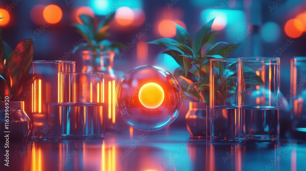 Poster a futuristic scene with glowing orbs and plants in glass containers, creating a vibrant atmosphere.