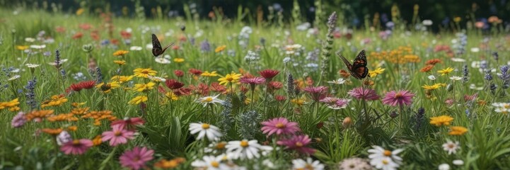 Fototapeta premium A colorful array of summer meadow plants and butterflies dancing around a smooth stone border, summer meadow, insects