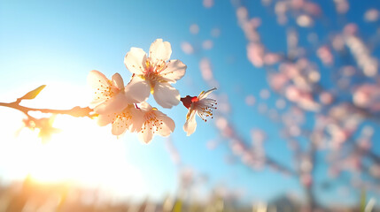 Blooming almond tree branch with white flowers against a sunny blue sky.