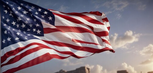 American flag waving in wind with stars and stripes,  patriotic,  outdoors