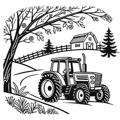 Christmas Cottage Farm tractor Black silhouette